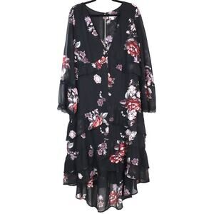 Black Hi Low Dress Ruffles Tiered Layers Bell Sleeve Pink Roses Lace Chiffon L